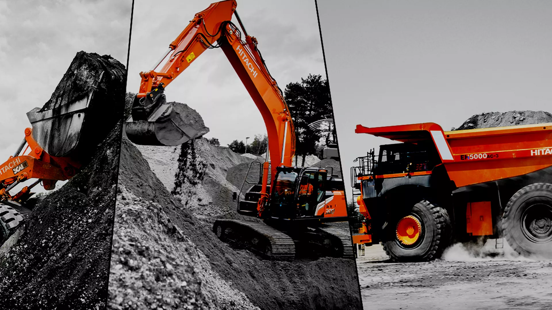 Machines Hitachi sur chantier : chargeuse, pelle et tombereau